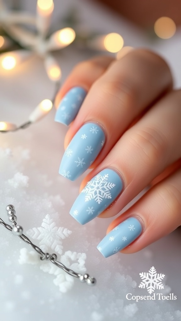Elegant light blue Christmas nails with snowflake designs and glitter on a snowy background.
